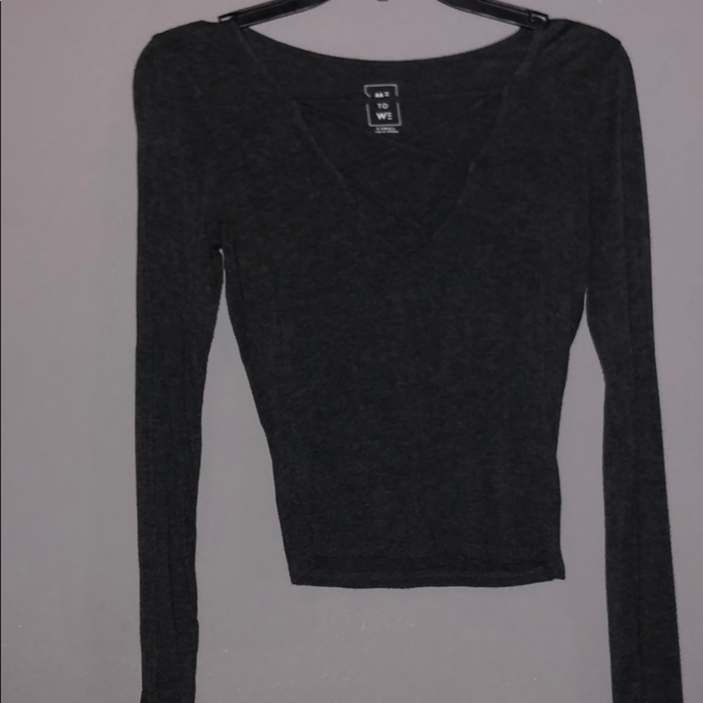 Grey long sleeve, criss cross v neck